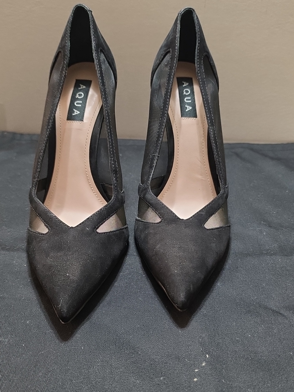 Aqua Black Pointed Mesh-Inset Pumps